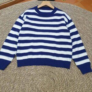 Royal Blue White Stripe Crewneck Knit Sweater 💙